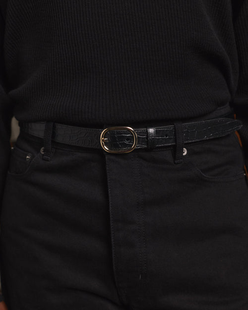 Ceinture en cuir noir embossée crocodile - 1