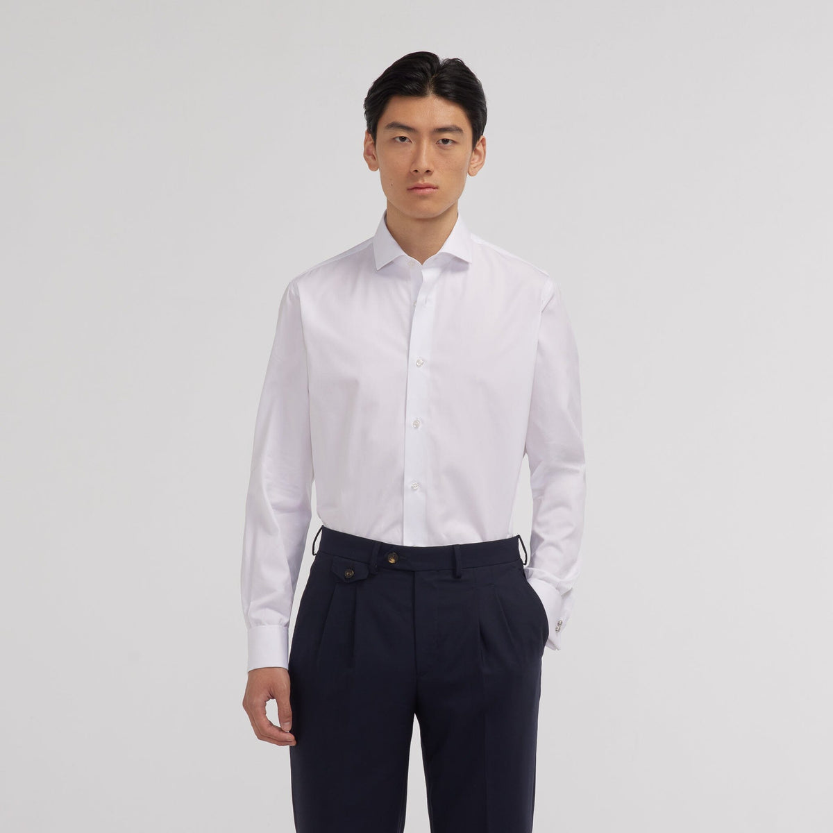 Chemise en popeline double retors blanche à poignets mousquetaires - 1