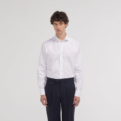 Chemise cintrée en oxford double retors blanche à poignets mousquetaires - 1