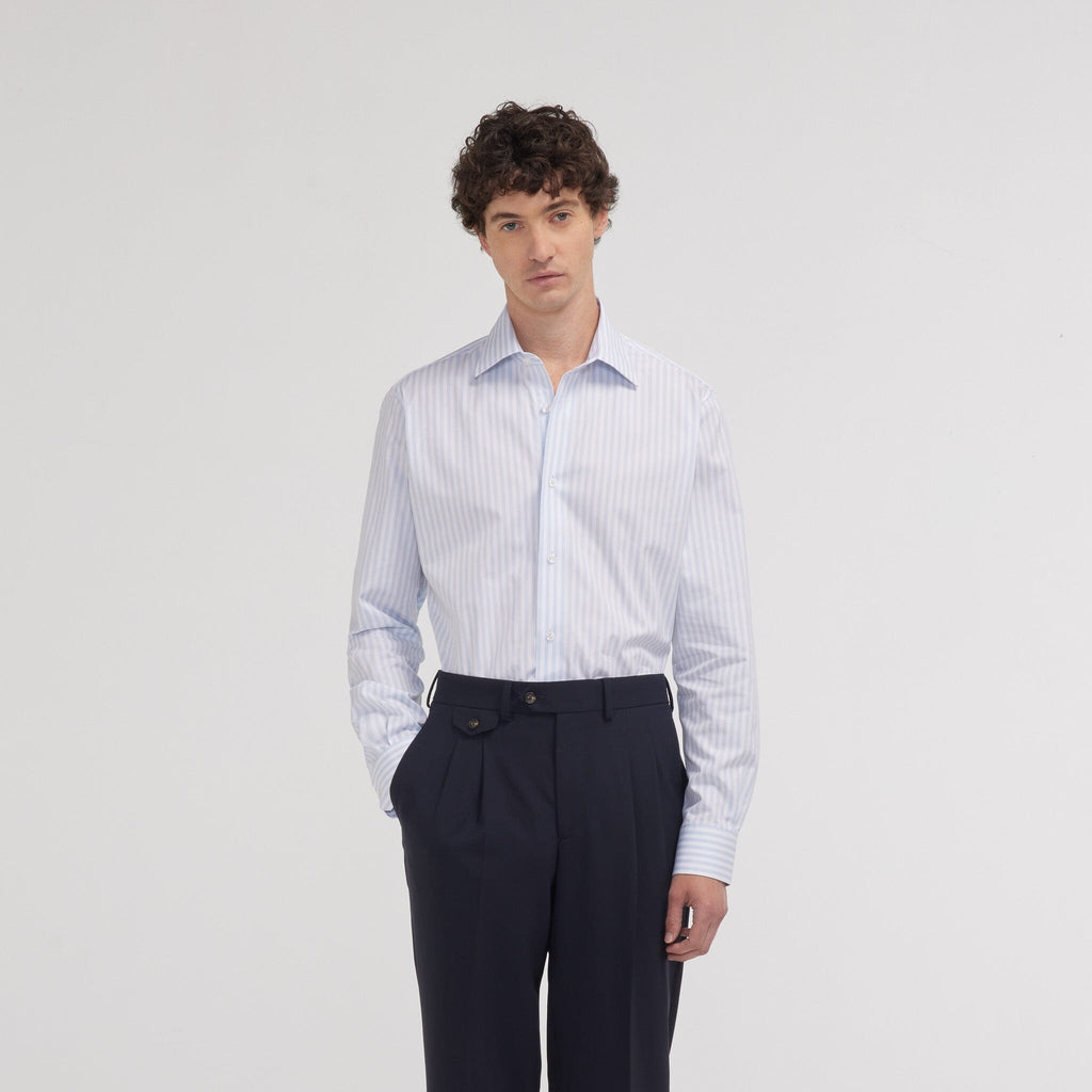 Chemise cintrée en popeline double retors à rayures bleu ciel et blanches - 1