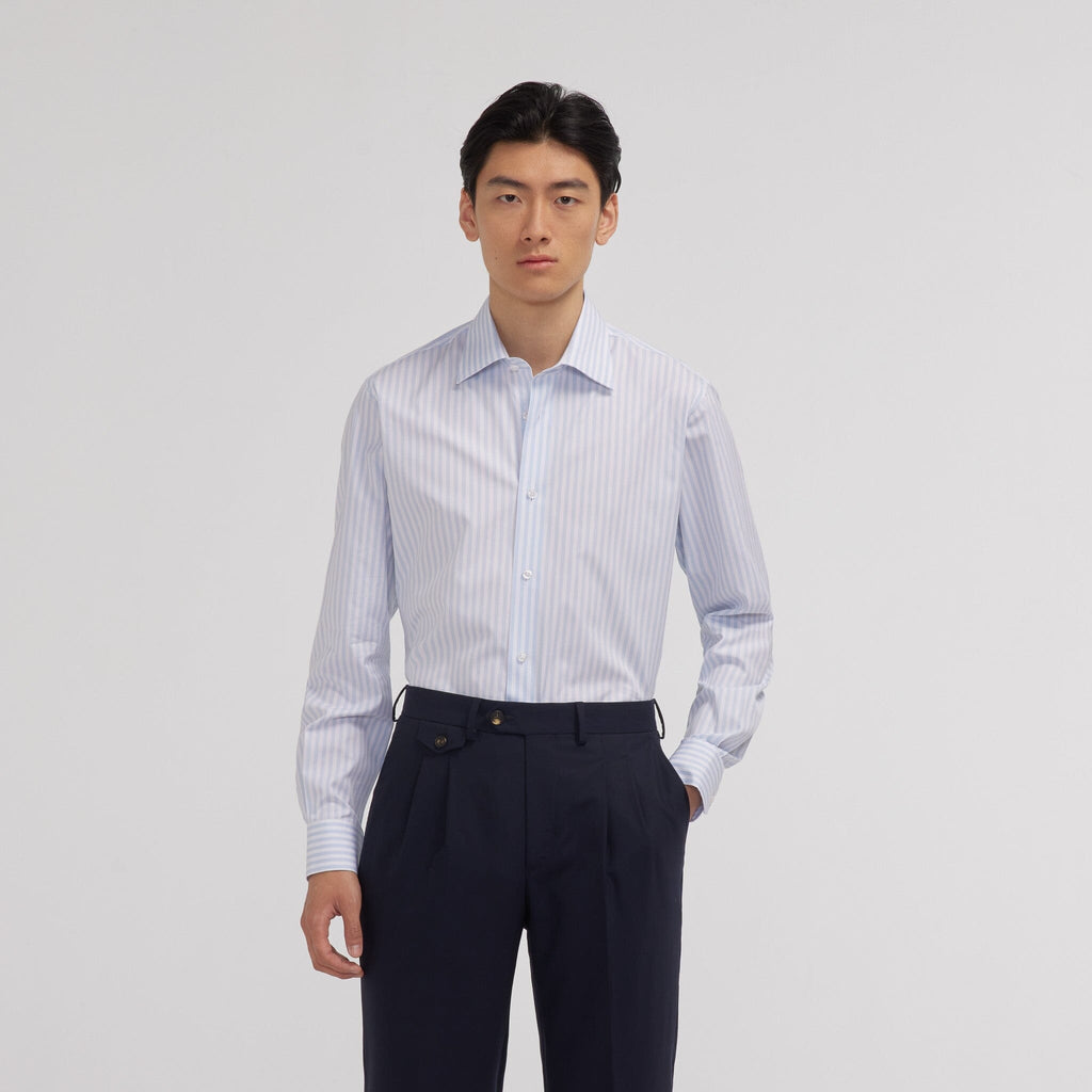 Chemise en popeline double retors à rayures bleu ciel et blanches - 1