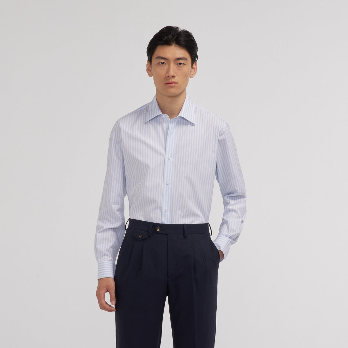 Chemise en popeline double retors à rayures bleu ciel et blanches - 1