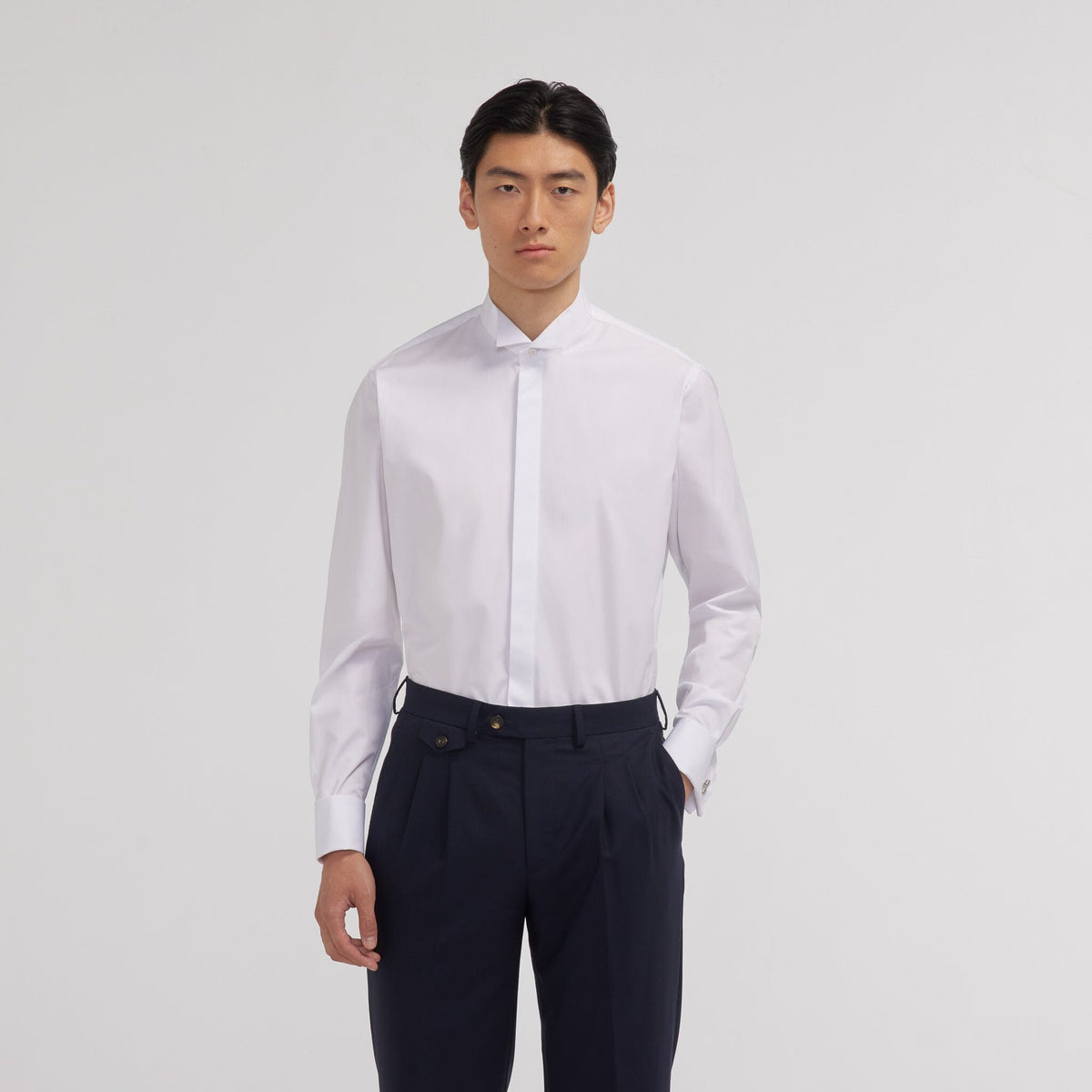 Chemise en popeline double retors blanche à poignets mousquetaires - 1