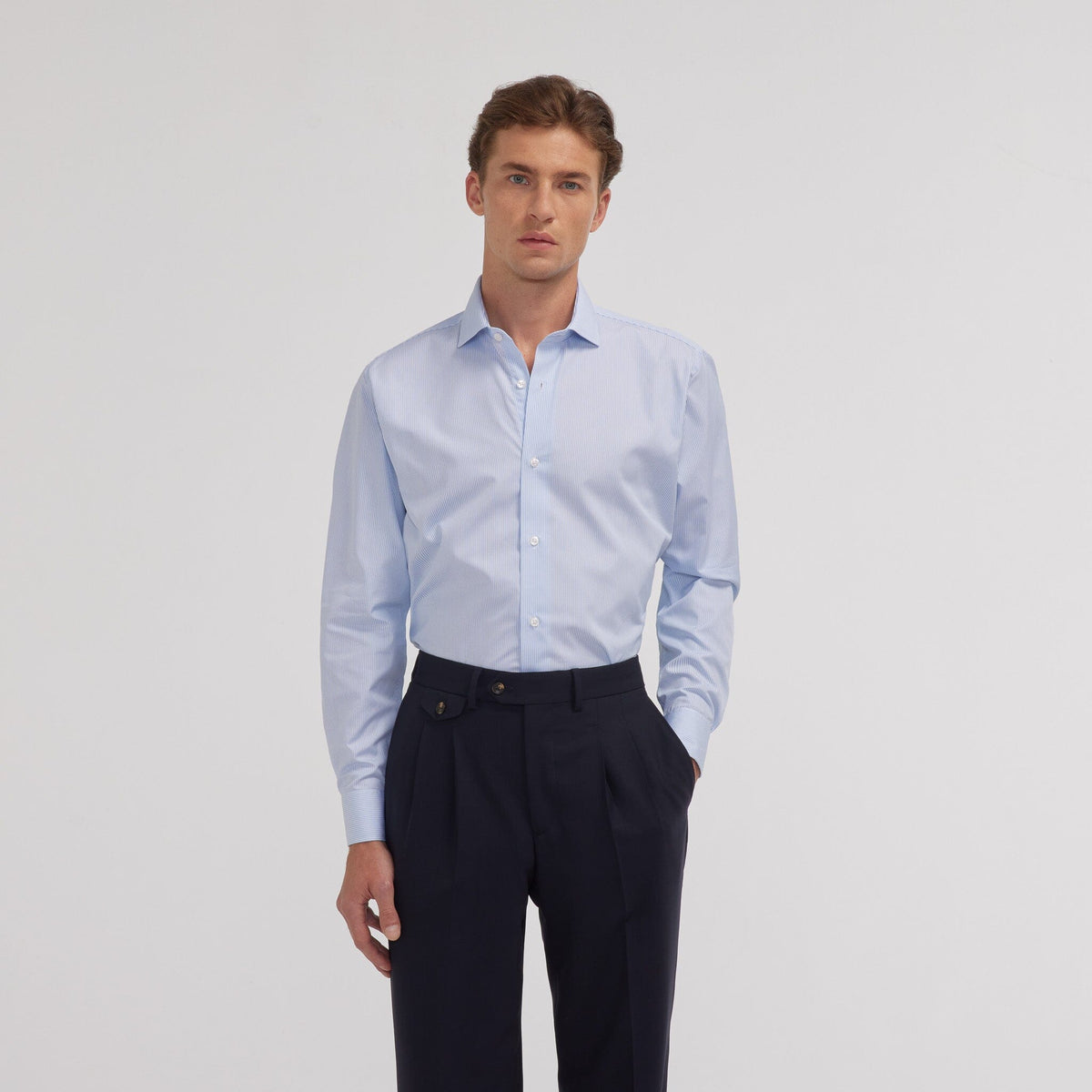 Chemise en popeline double retors à petites rayures bleu ciel - 1