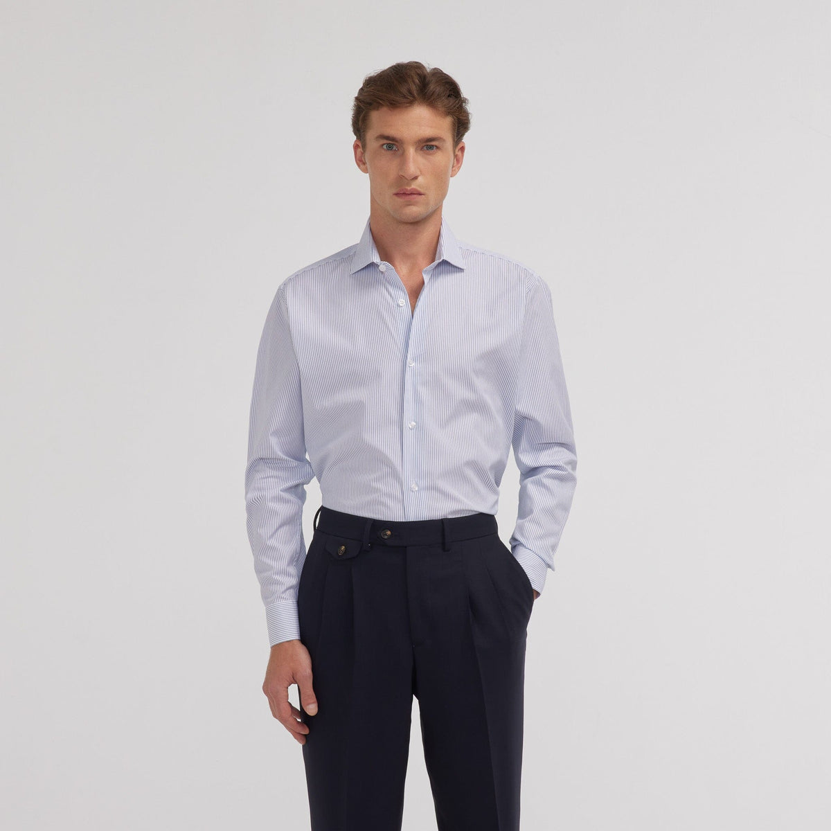 Chemise en popeline double retors à fines rayures rouges - 3