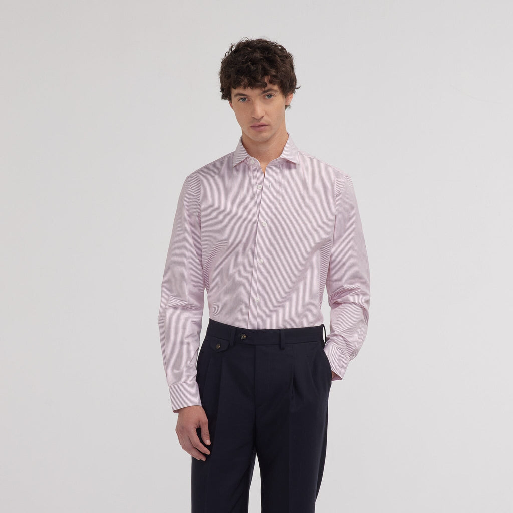 Chemise cintrée en popeline double retors à fines rayures rouges - 1