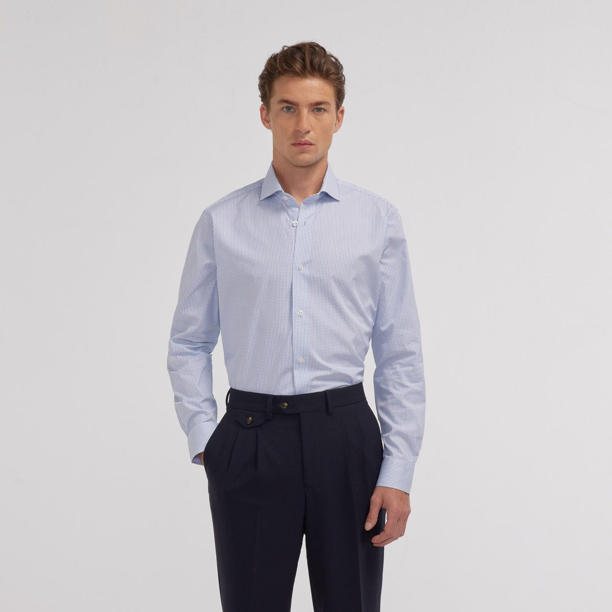 Chemise en popeline double retors à carreaux bleu foncé - 1