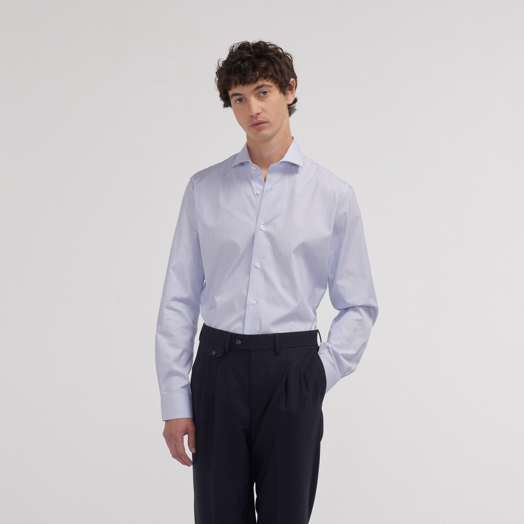Chemise cintrée en popeline faux-uni à fines rayures bleues - 1