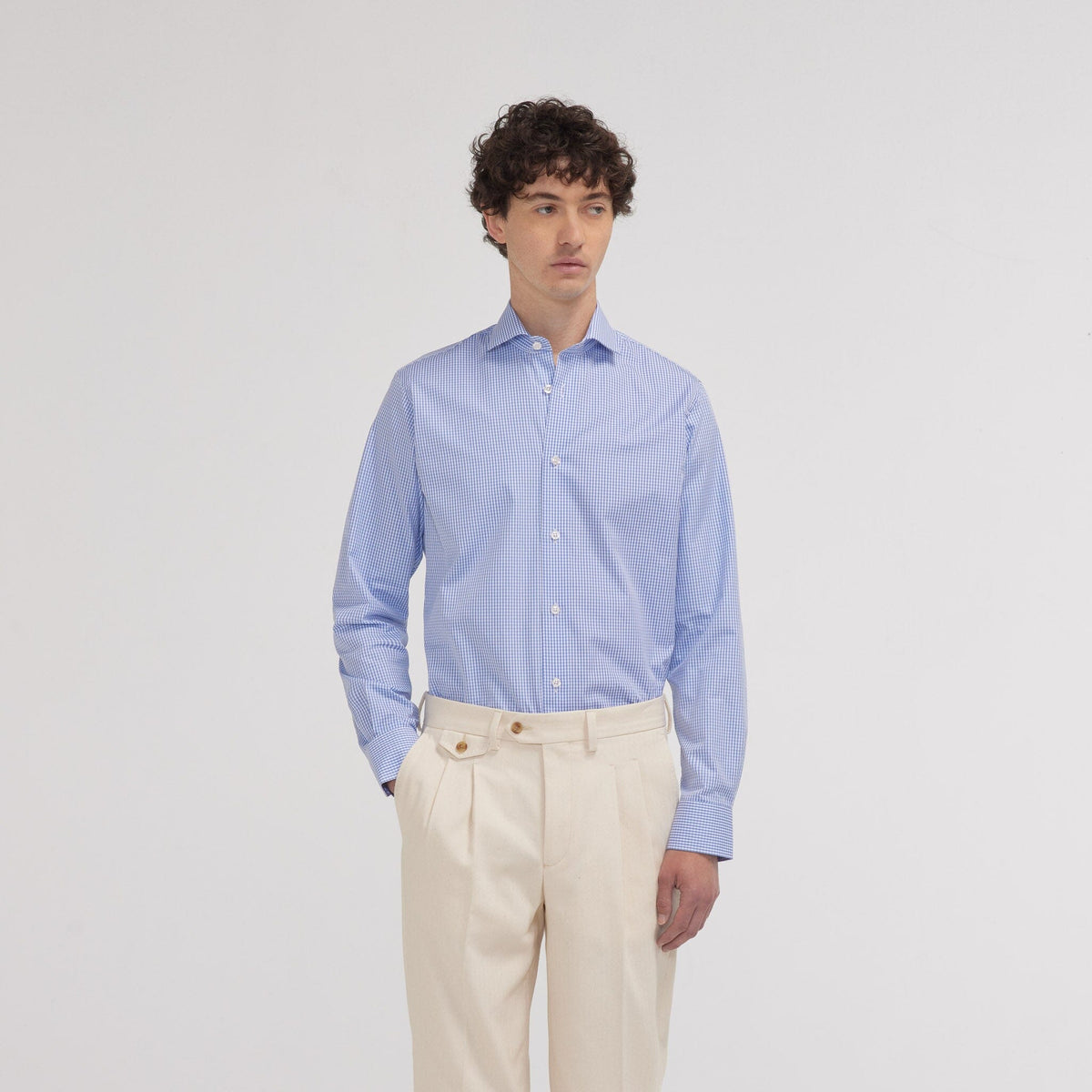 Chemise cintrée en popeline double retors vichy bleue - 1