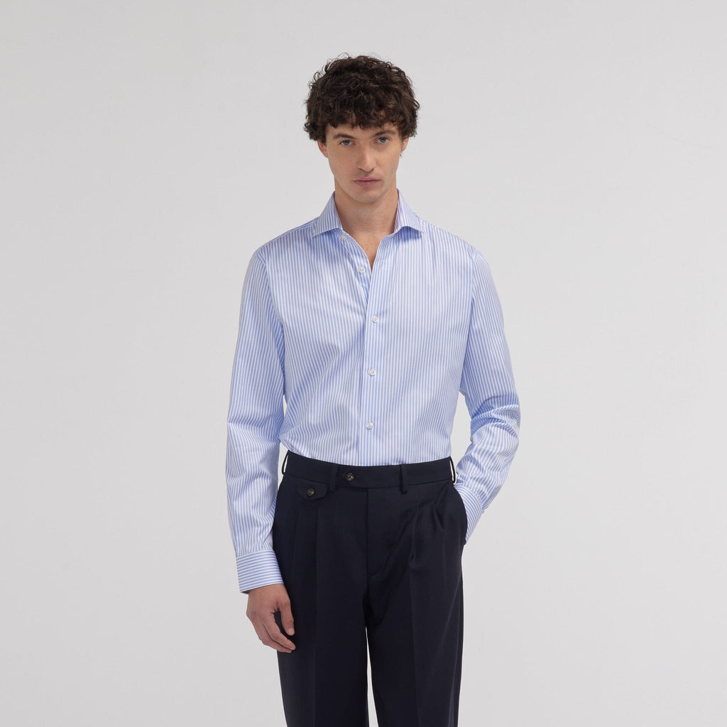 Chemise cintrée en twill double retors à rayures bleues - 1