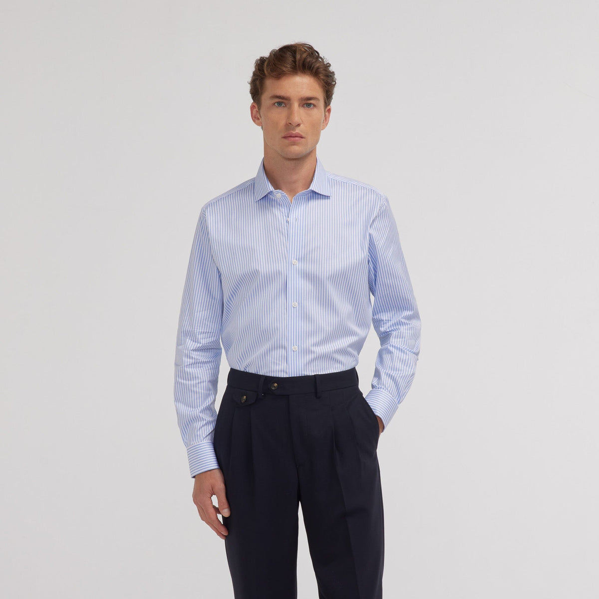 Chemise en twill double retors à rayures bleues - 1