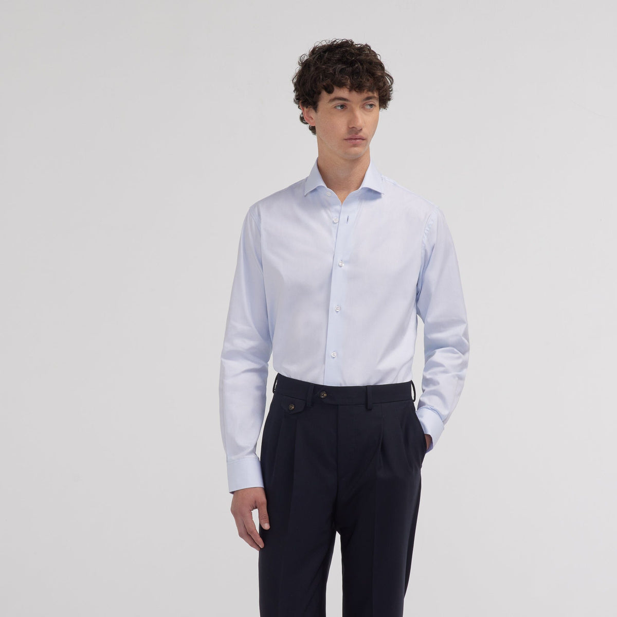 Chemise grande longueur cintrée en oxford bleu ciel - 1