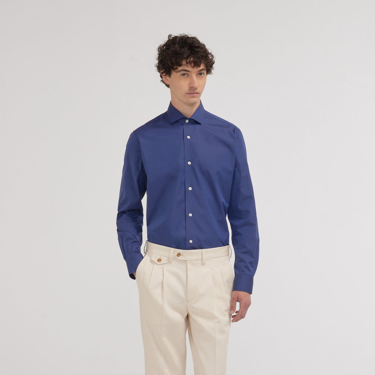 Chemise cintrée en fil-à-fil double retors bleu nuit - 1