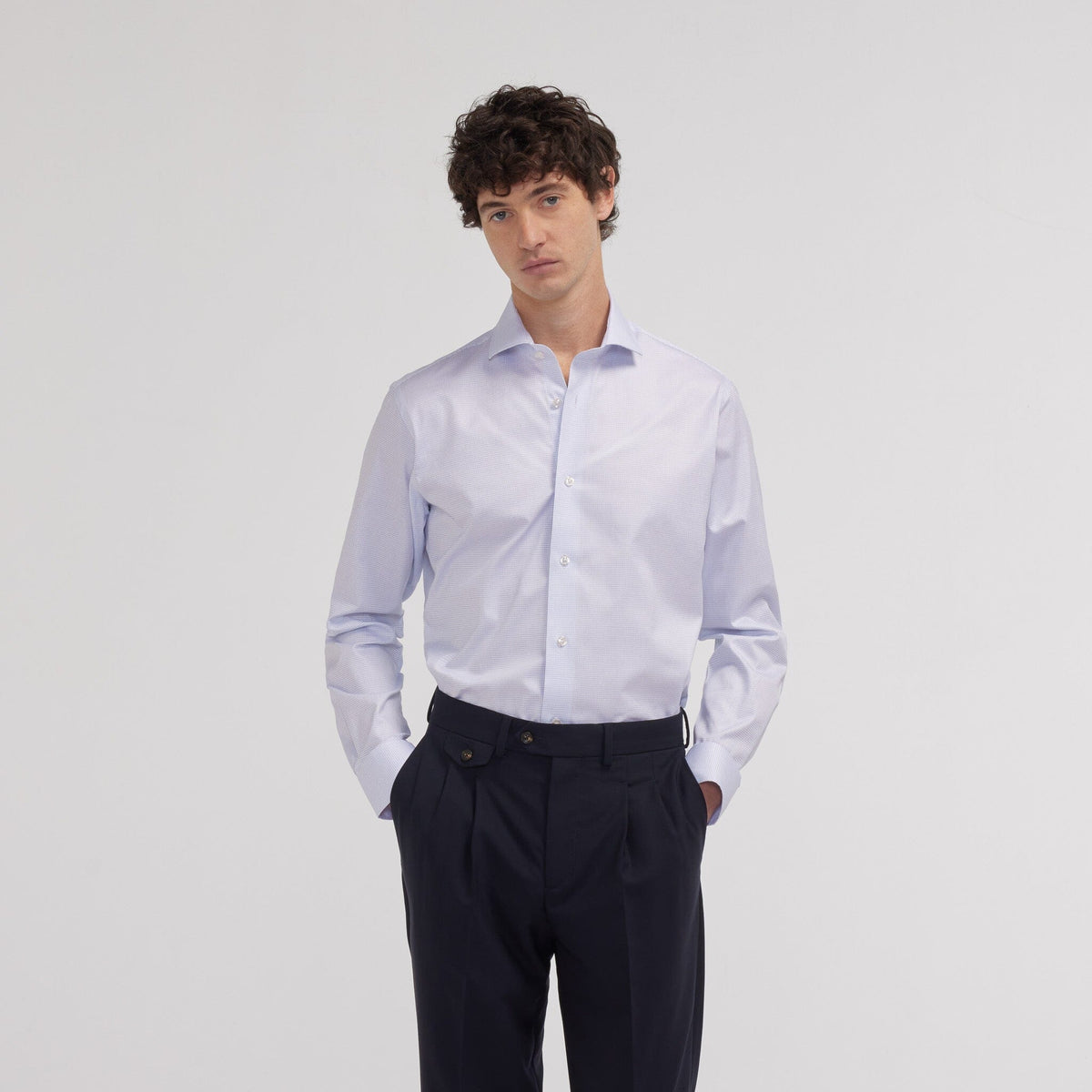 Chemise cintrée en twill double retors à fins carreaux bleus - 1