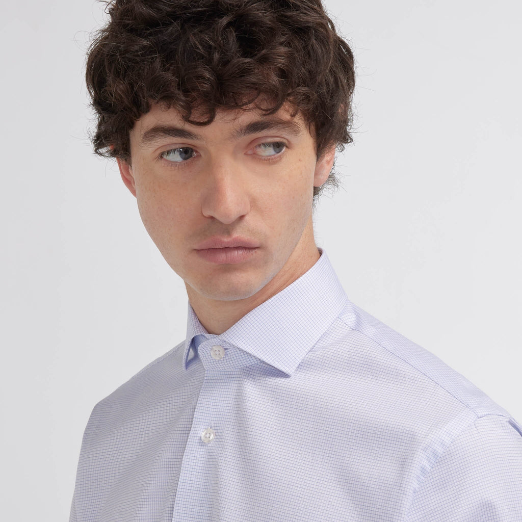 Chemise cintrée en twill double retors à fins carreaux bleus - 2