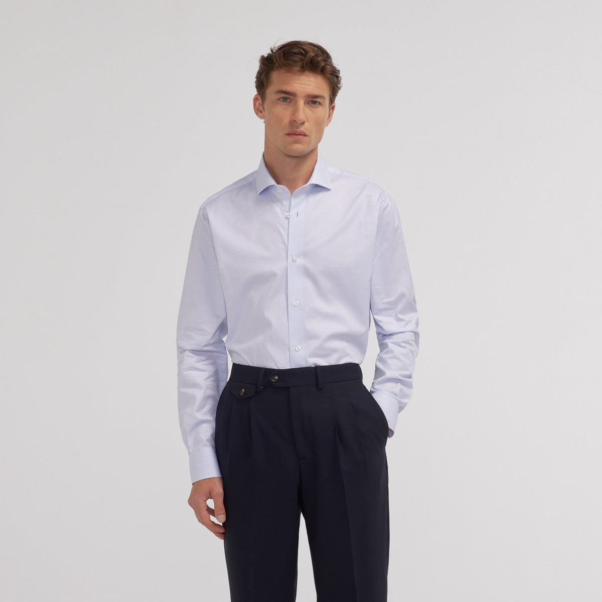 Chemise en twill double retors à fins carreaux bleus - 1
