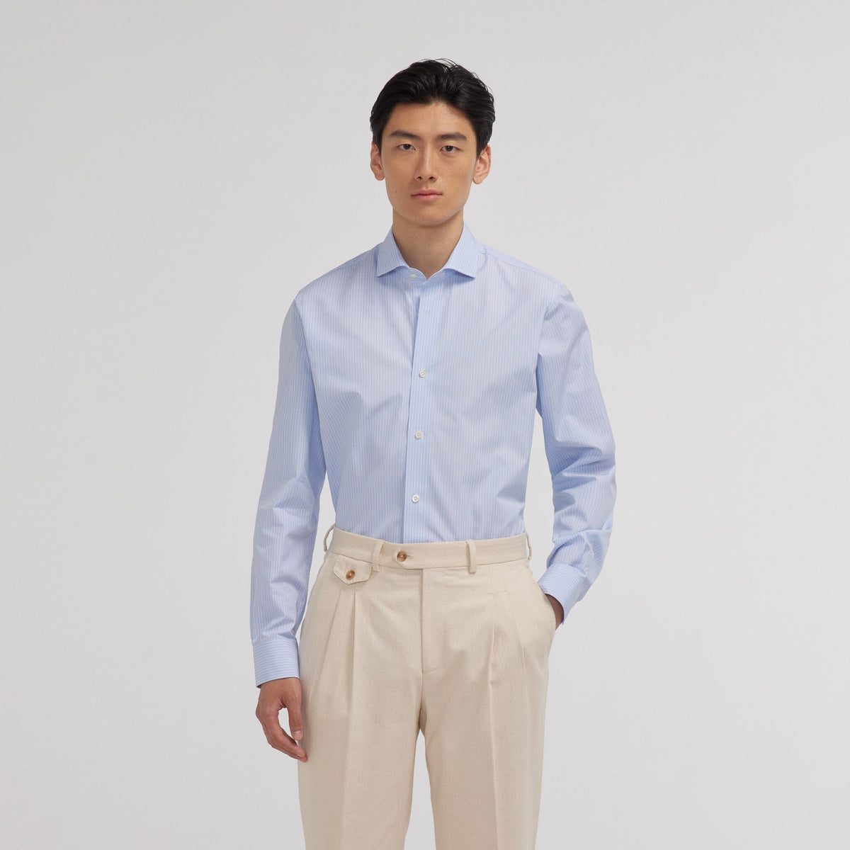 Chemise premium en popeline double retors bleue à rayures blanches - 1