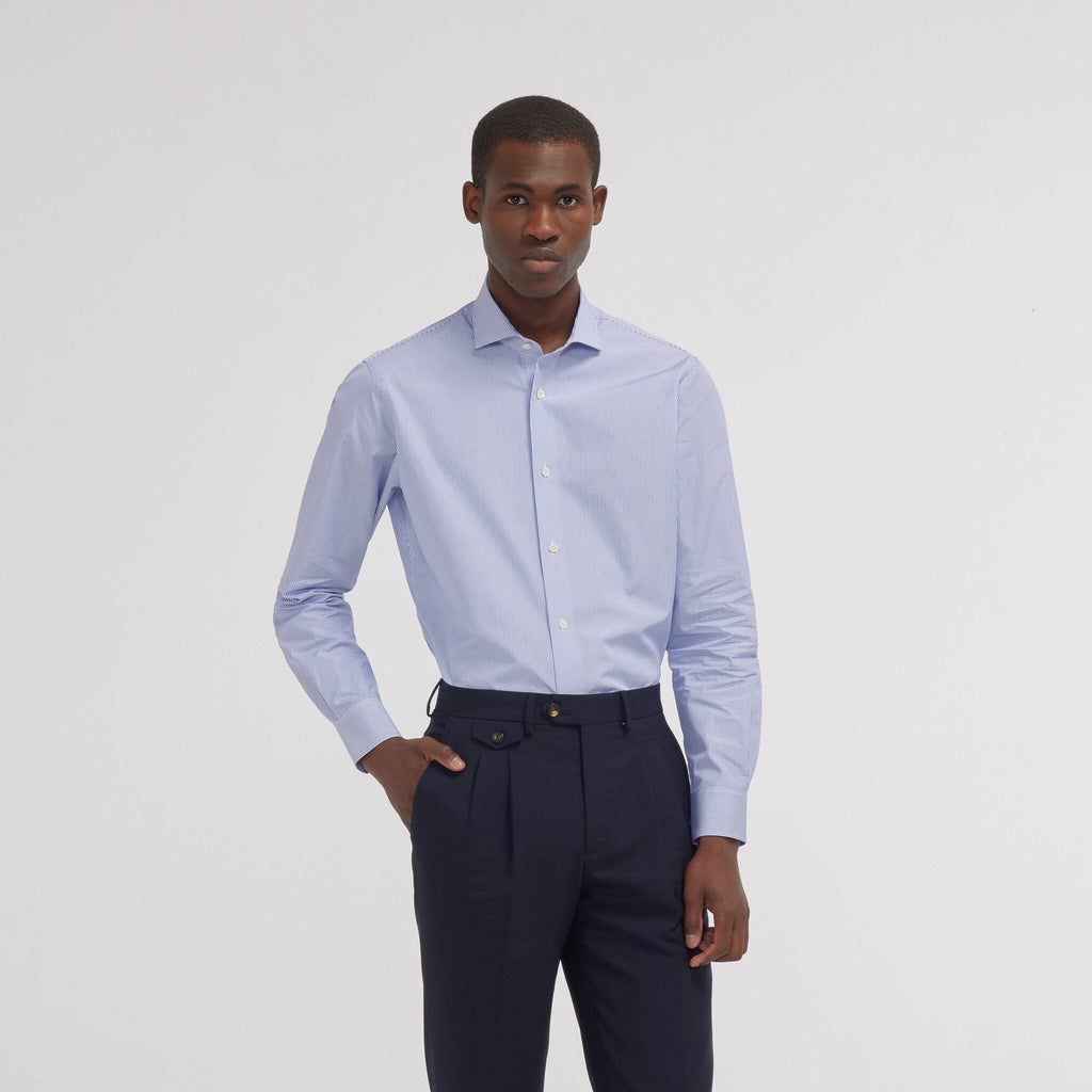 Chemise premium cintrée en popeline double retors à rayures bleues et blanches - 1