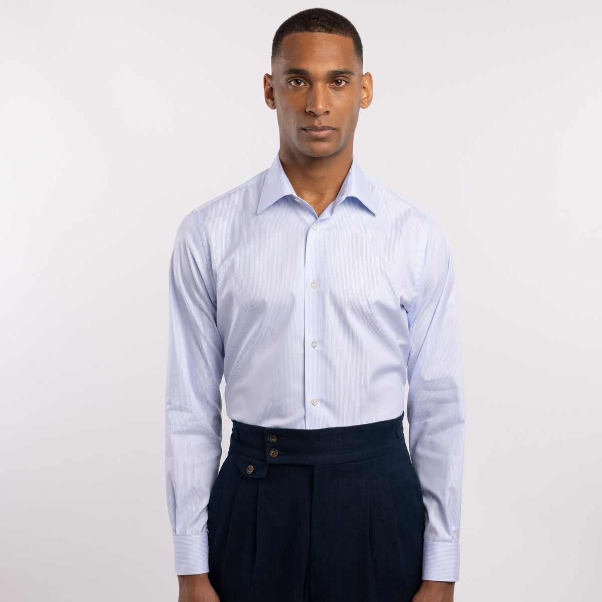 Chemise premium Thomas Mason en twill à rayures bleu clair - 1
