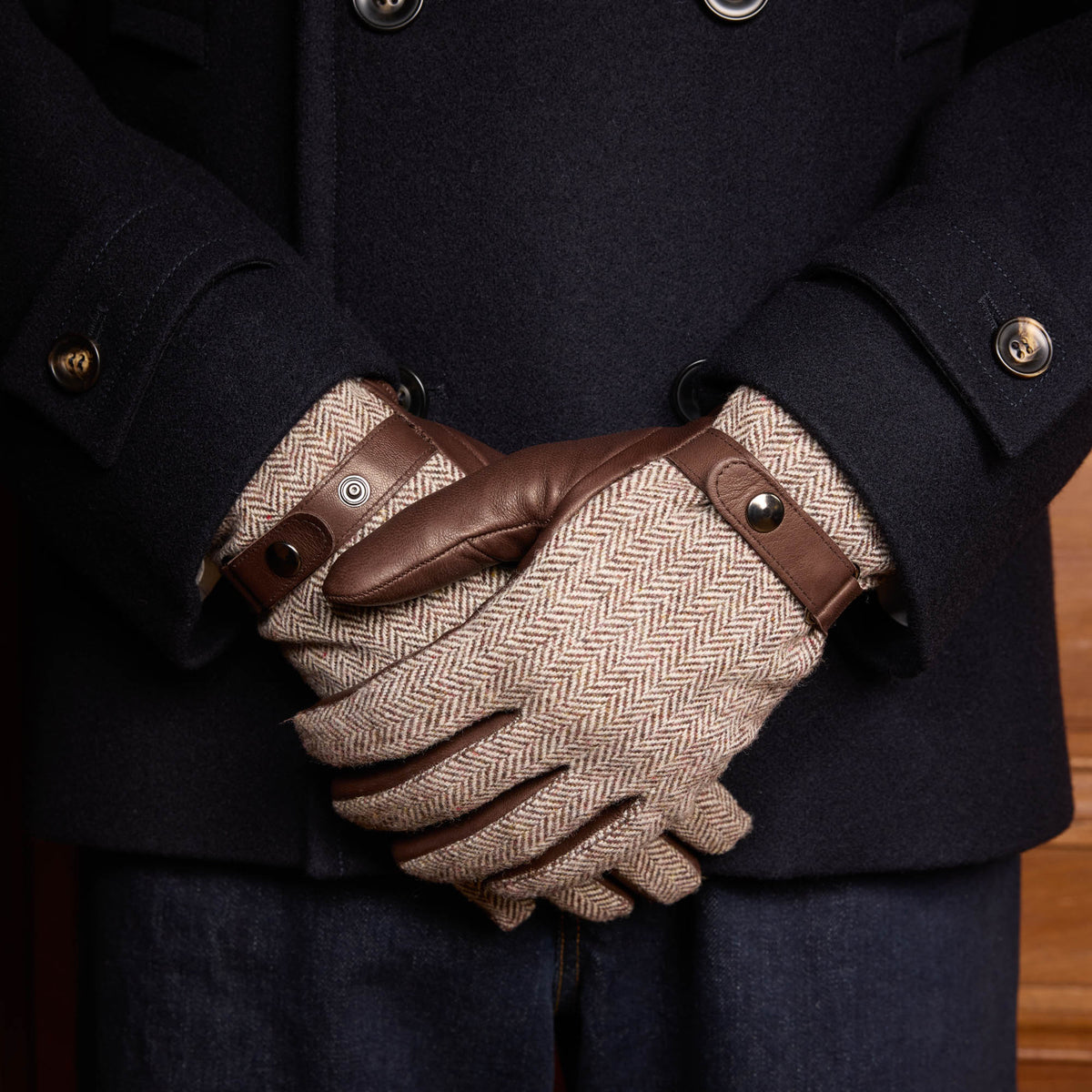Gants en cuir et laine à chevrons marron - 1