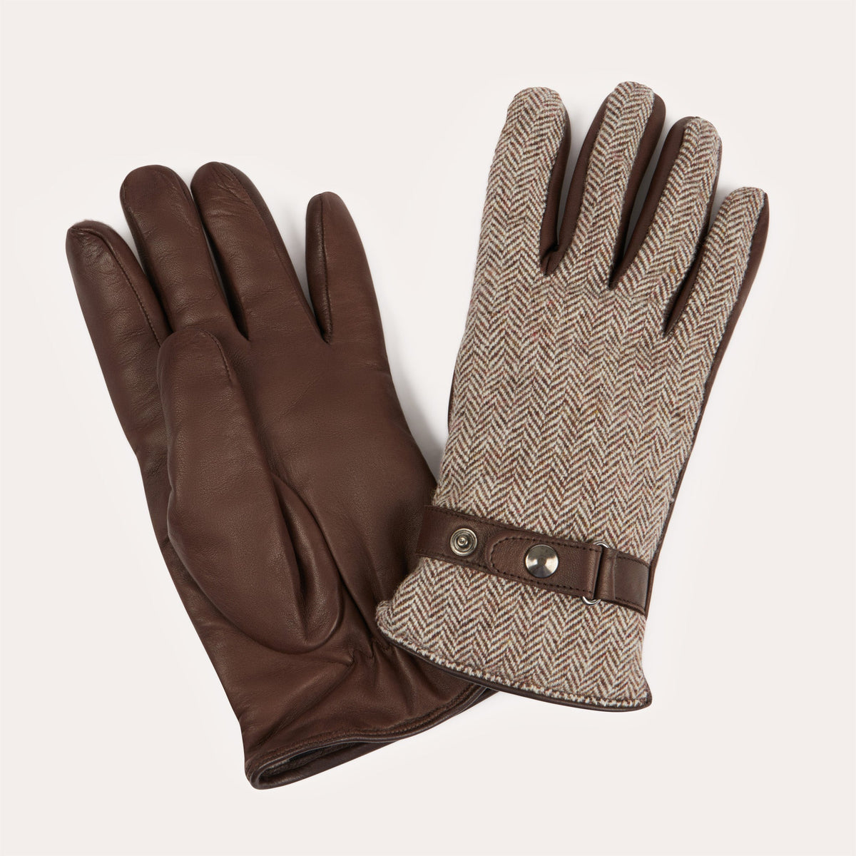 Gants en cuir et laine à chevrons marron - 2