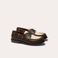 Chaussure bateau en cuir bicolore kaki, crème - 1