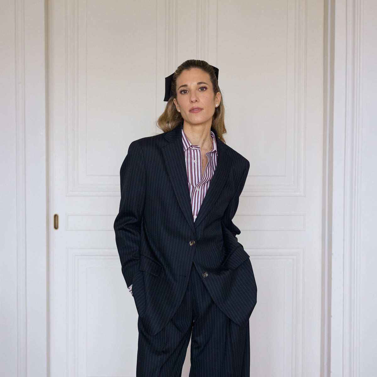Veste tailleur en laine rayée marine - 2