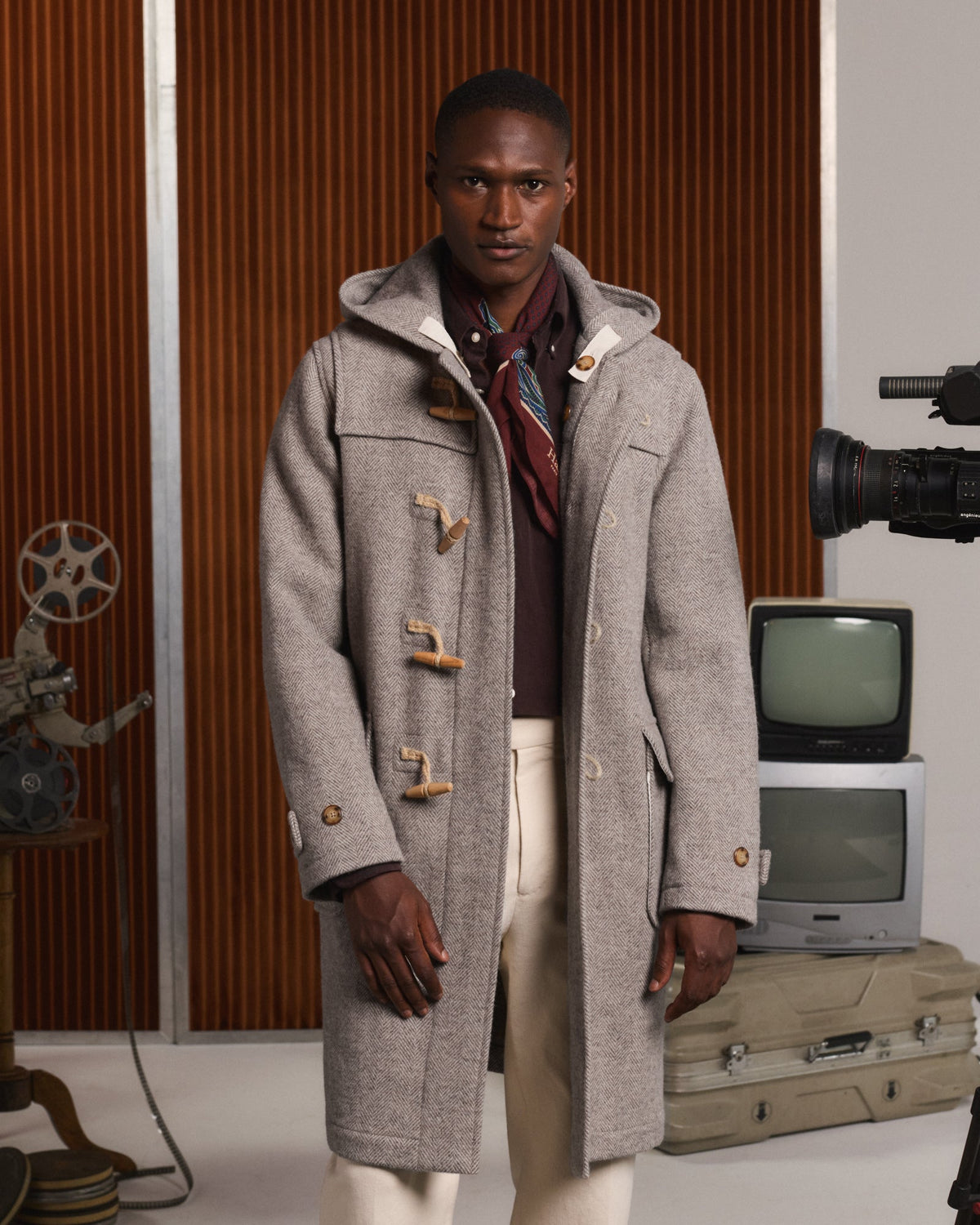 Duffle-coat en laine à chevrons écru et beige - 1