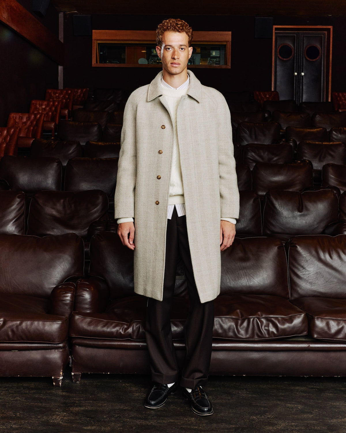 Manteau Balmacaan en laine vierge chevrons écru - 1