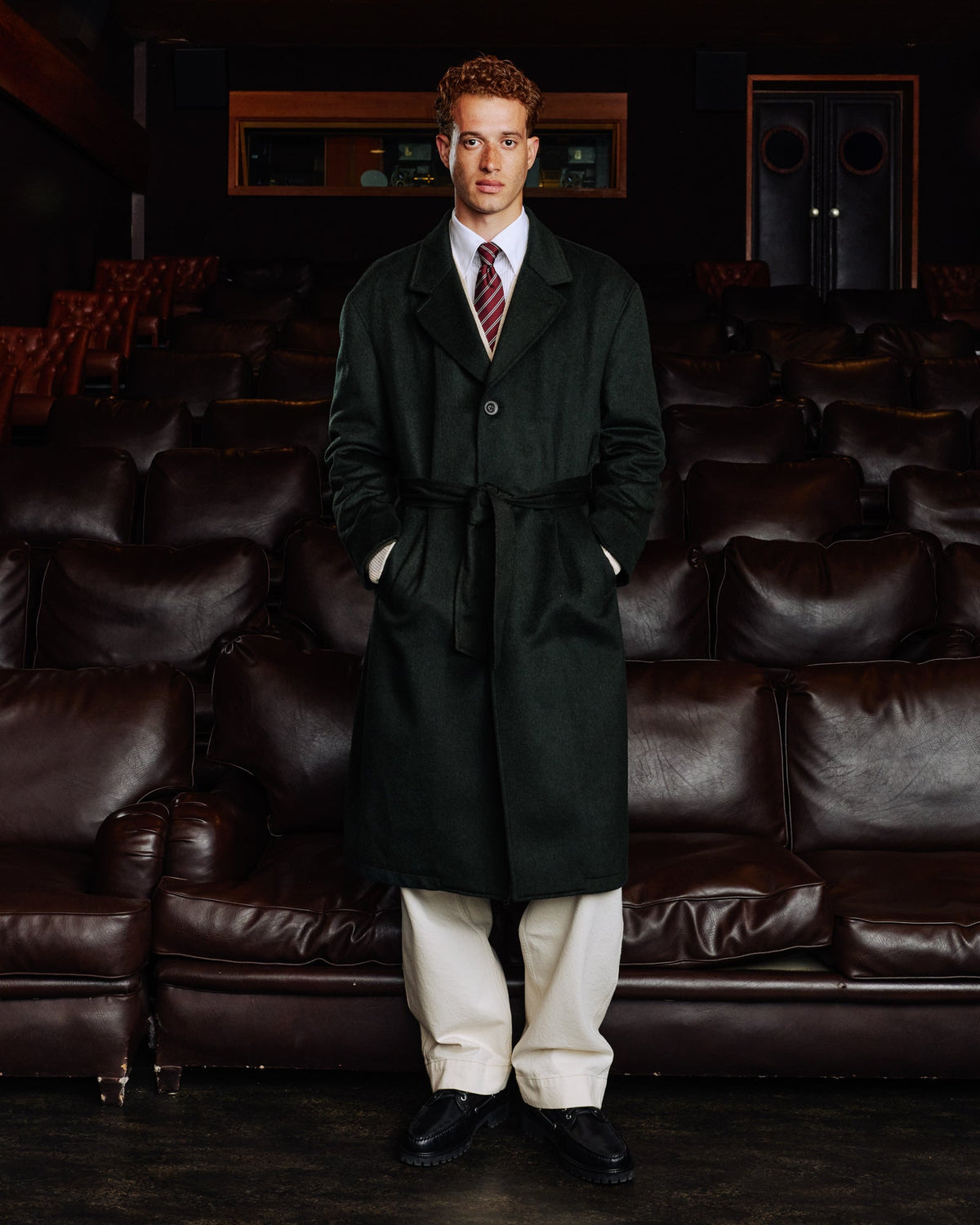 Manteau long ceinturé en laine Loden vert - 1