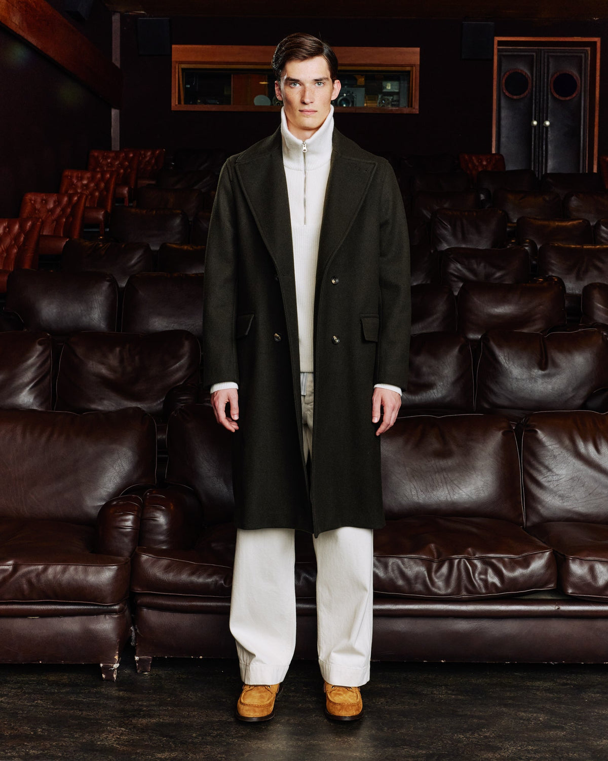 Manteau long croisé en laine vert - 1