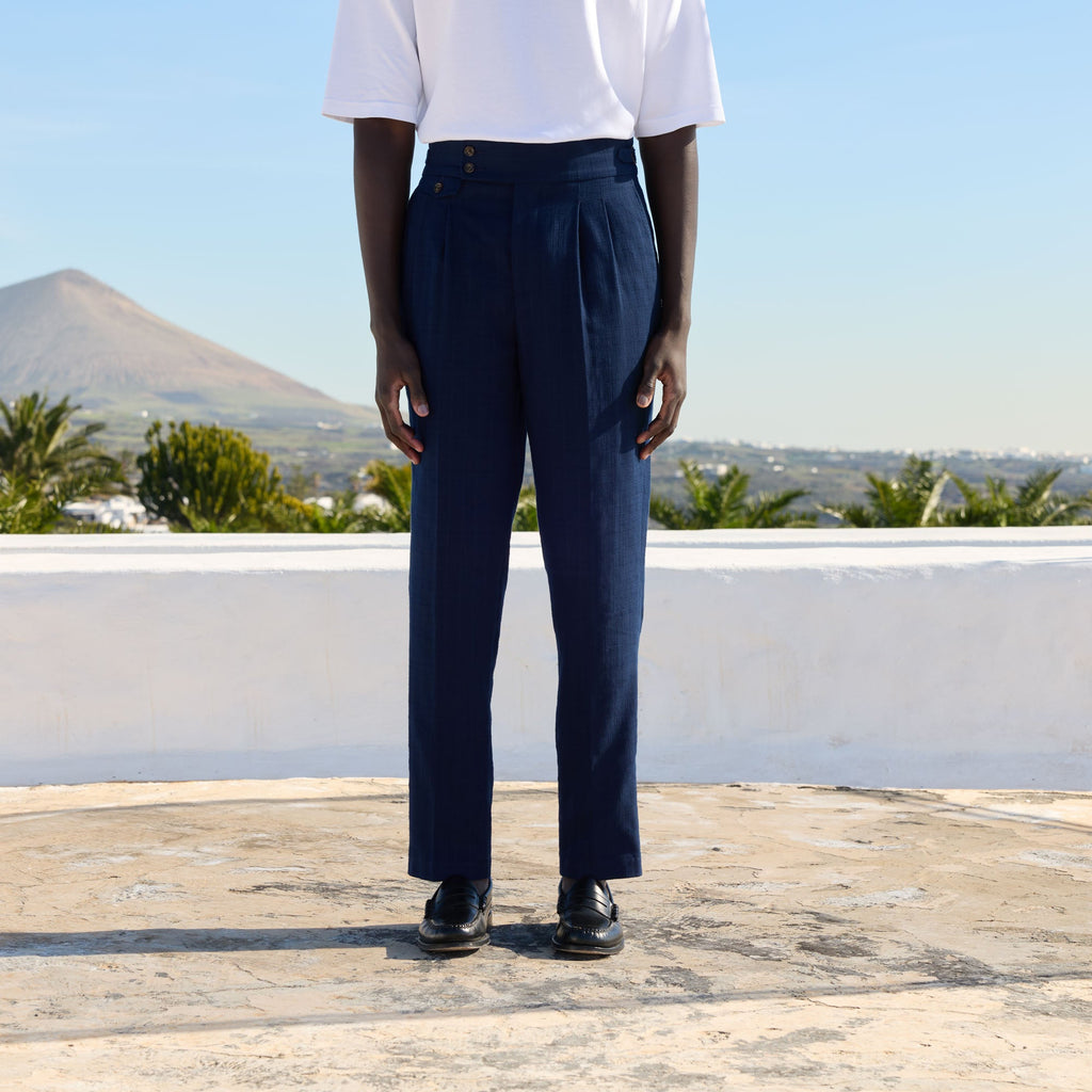 Pantalon à pinces en coton marine - 1