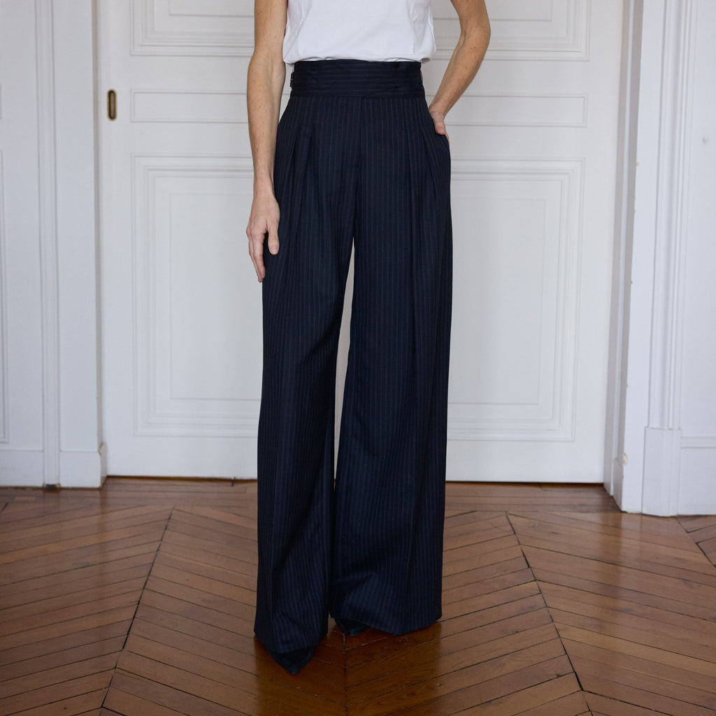 Pantalon Gurkha à plis en laine rayée marine - 2