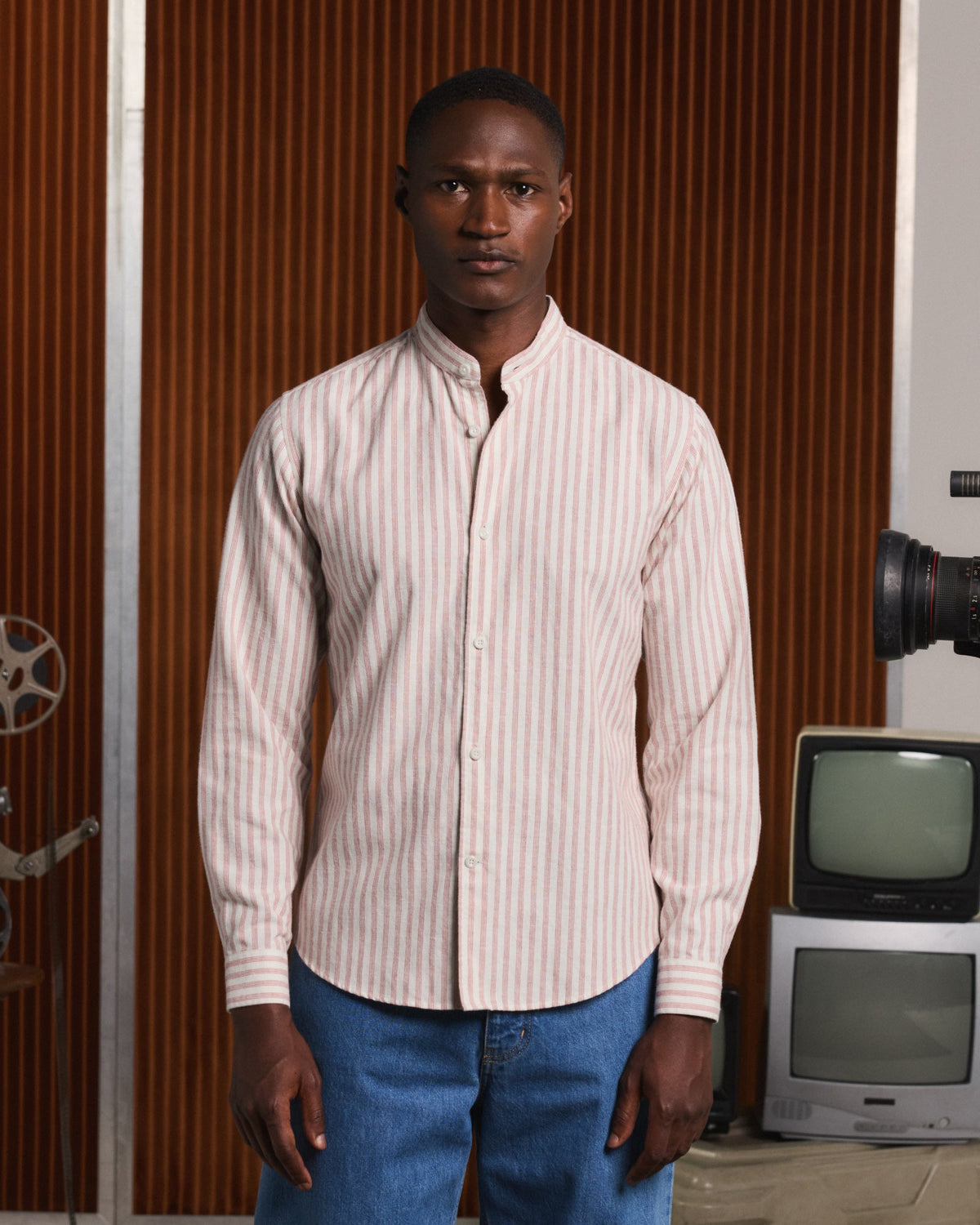Chemise en flanelle de coton et lin écrue à rayures bordeaux - 1