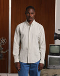 Chemise en flanelle de coton et lin écrue à rayures vertes - 1