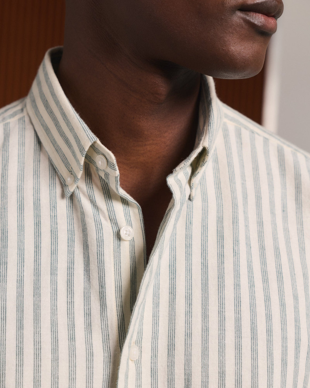 Chemise en flanelle de coton et lin écrue à rayures vertes - 2