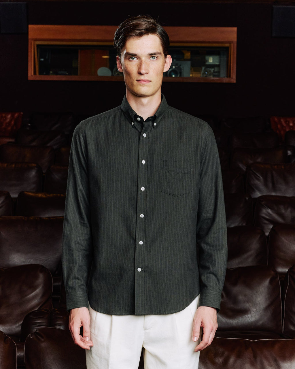 Chemise en flanelle de coton et laine vert rayé - 1