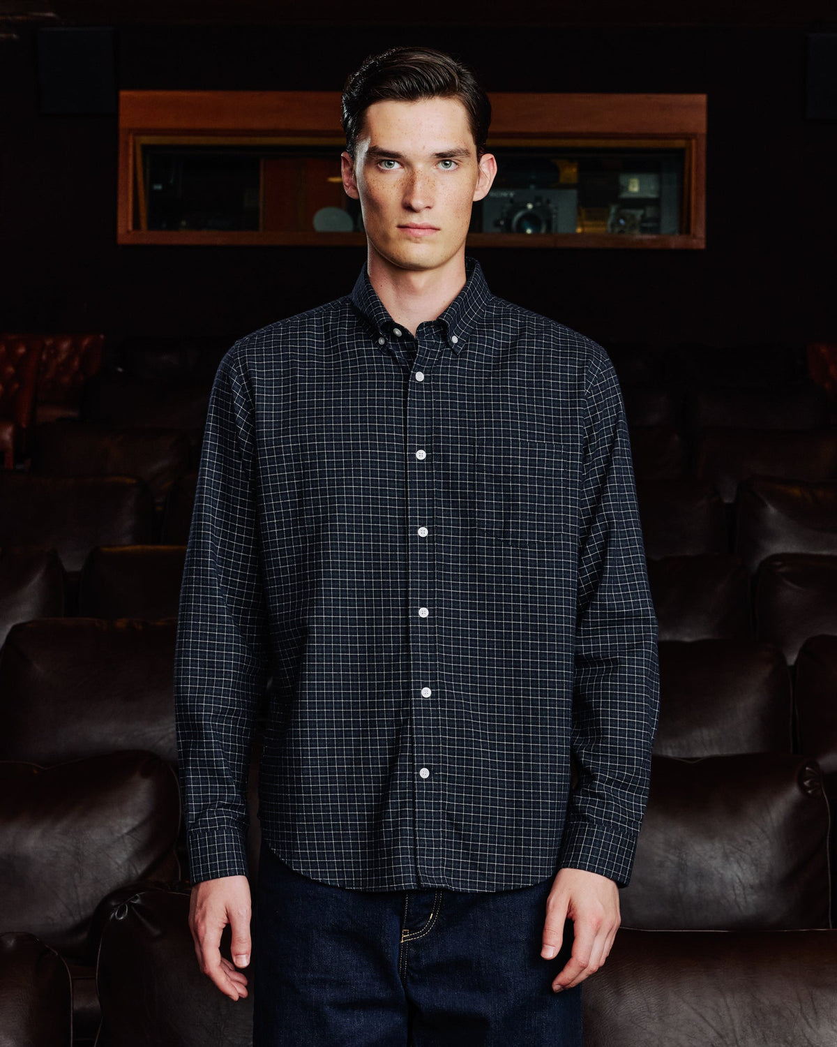 Chemise en flanelle de coton carreaux marine - 1